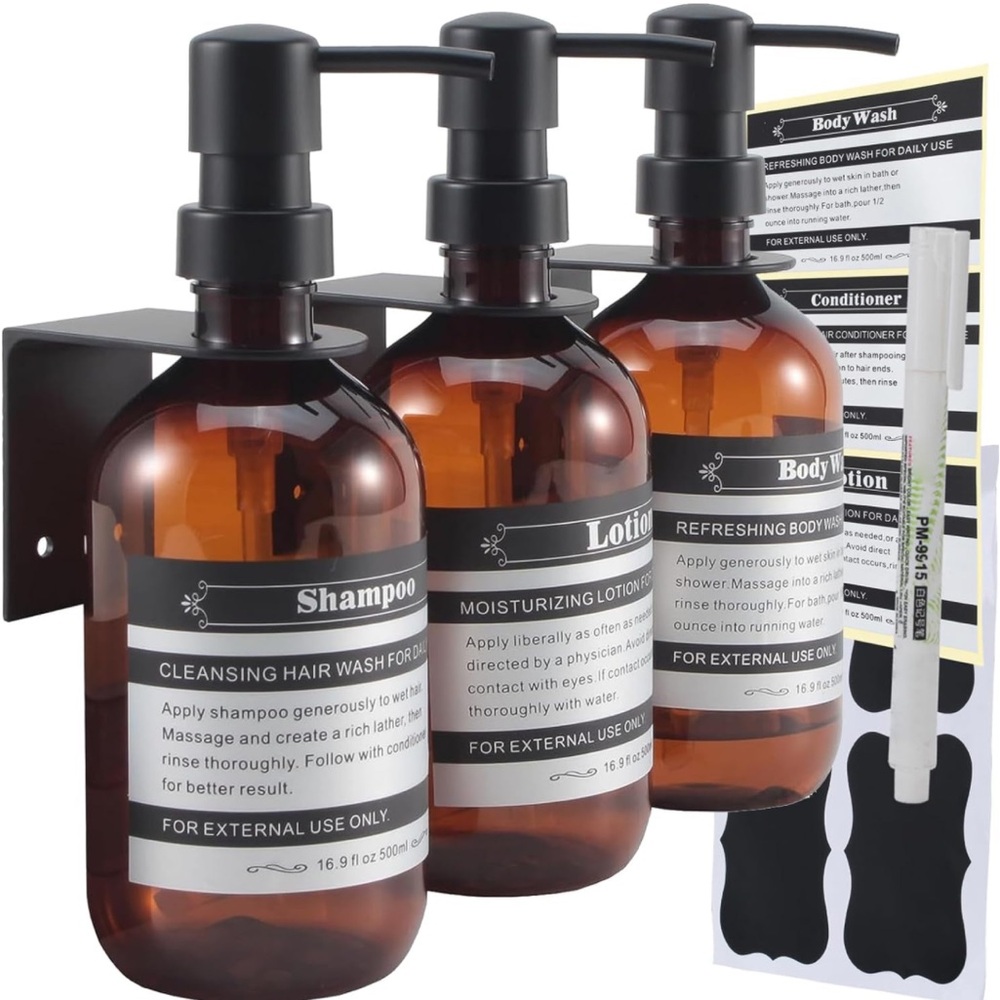 Three 17oz. dispenser bottles with pumps, and wall mount